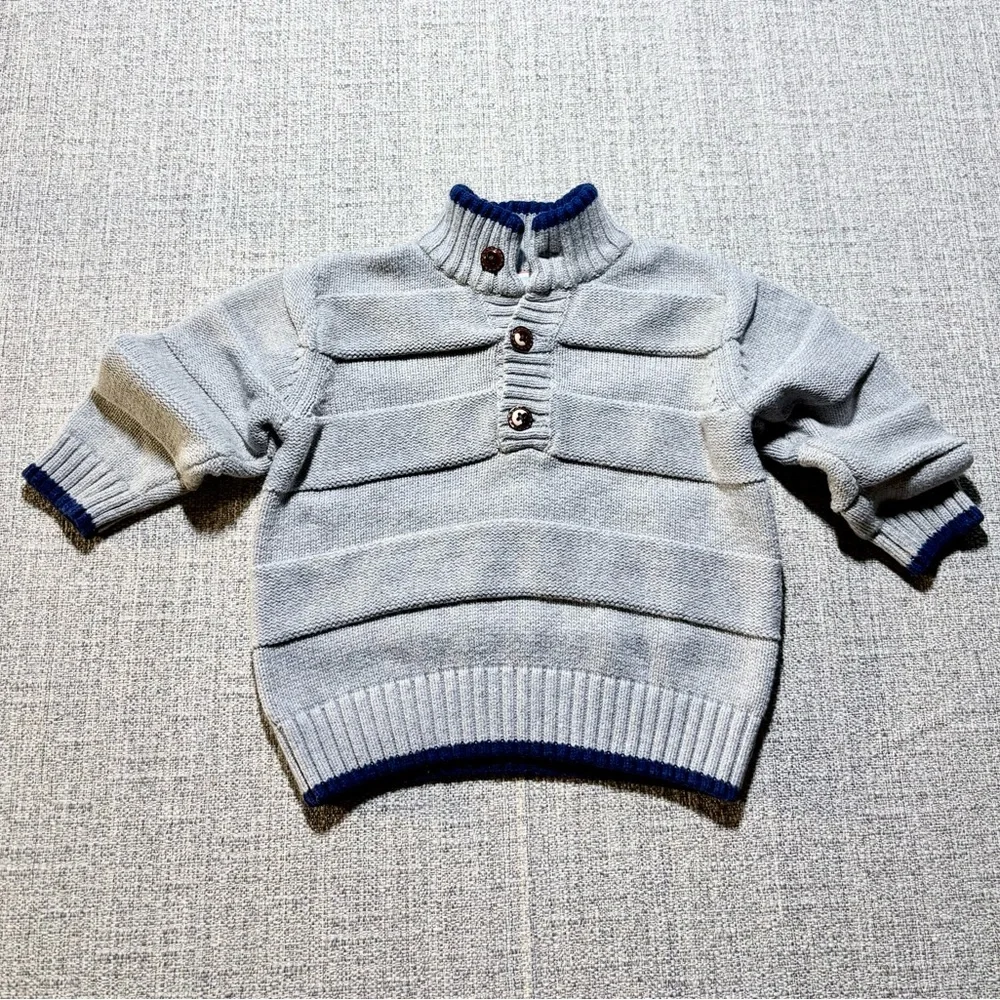 Janie and Jack Boys Textured Henley Sweater Gray Preppy Knit 12-18 Months💚